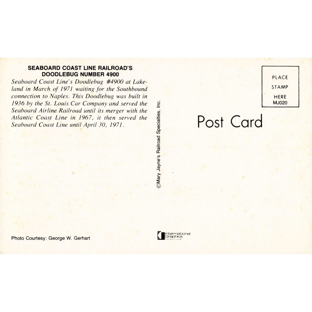 Vintage Seaboard Coast Line Railroad Doodlebug 4900 Postcard Lakeland Florida - Picture 2 of 2